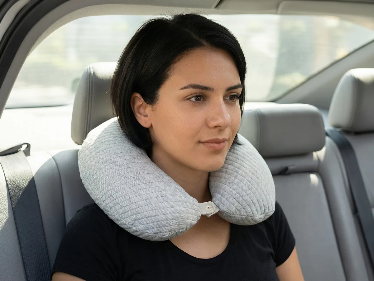 Mulher usando a almofada de pescoço Orthotrip Orthocrin no banco do carro