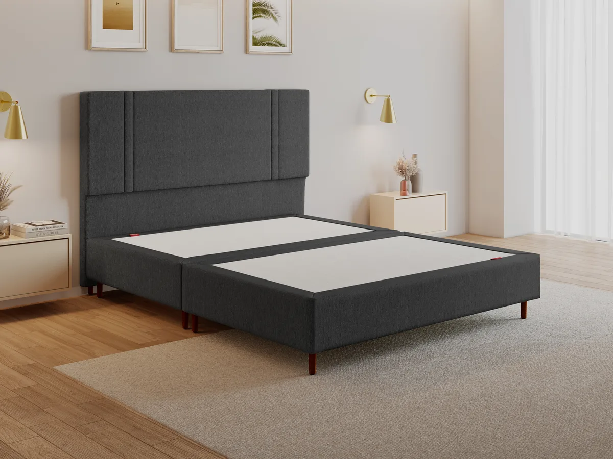 Base Box Plus Decor Orthocrin cinza chumbo, queen, em quarto montado