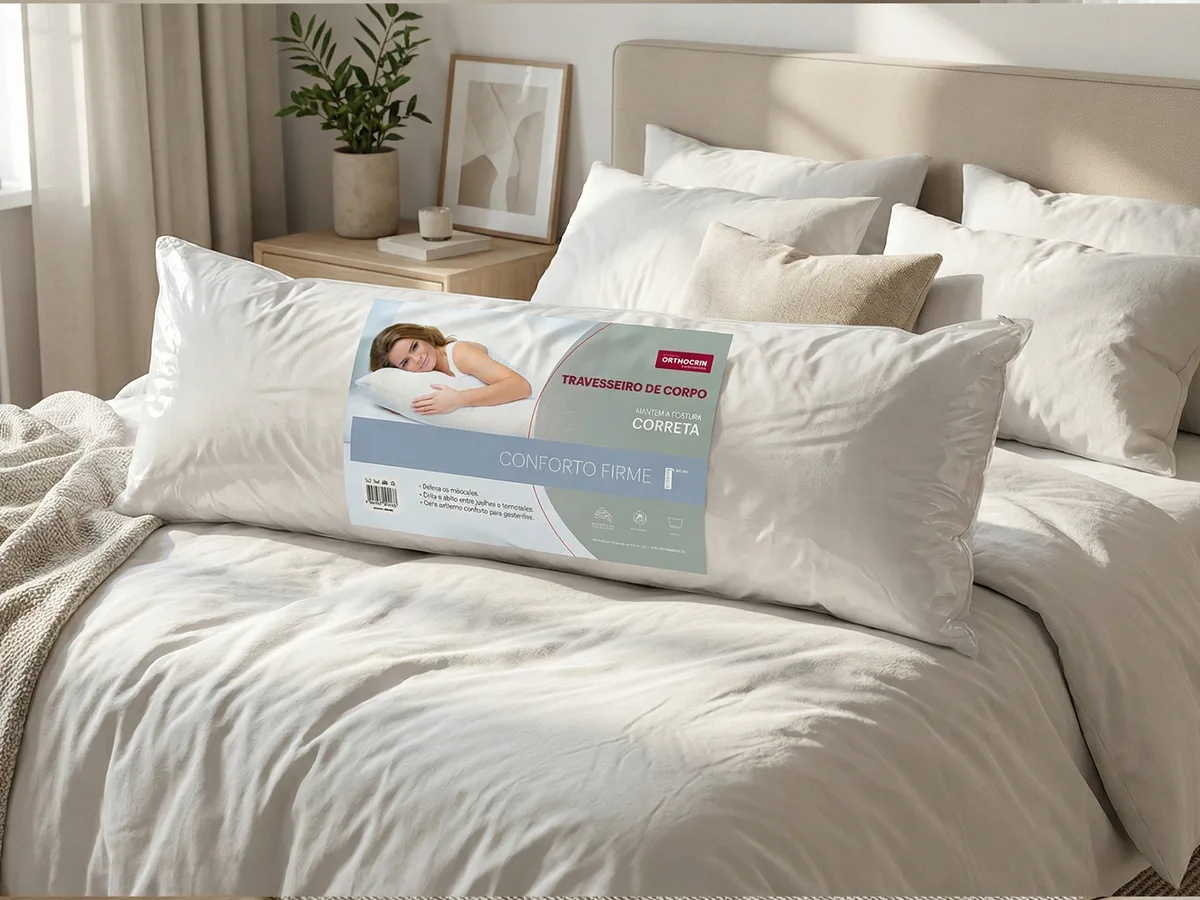 Travesseiro de corpo Orthocrin sobre a cama, em quarto claro
