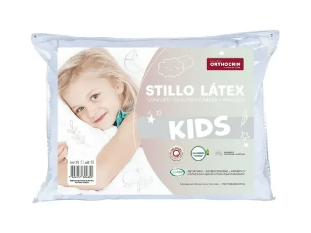 Travesseiro infantil Stillo Látex Kids Orthocrin na embalagem