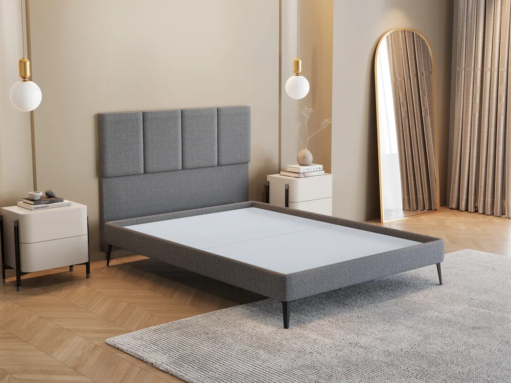 Box Sommier Luxo Orthocrin cinza em quarto montado