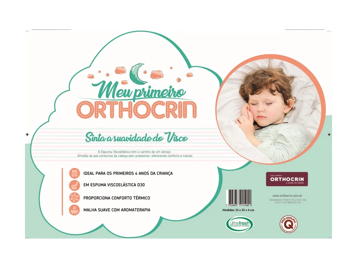 Travesseiro infantil Meu Primeiro Orthocrin Visco na embalagem